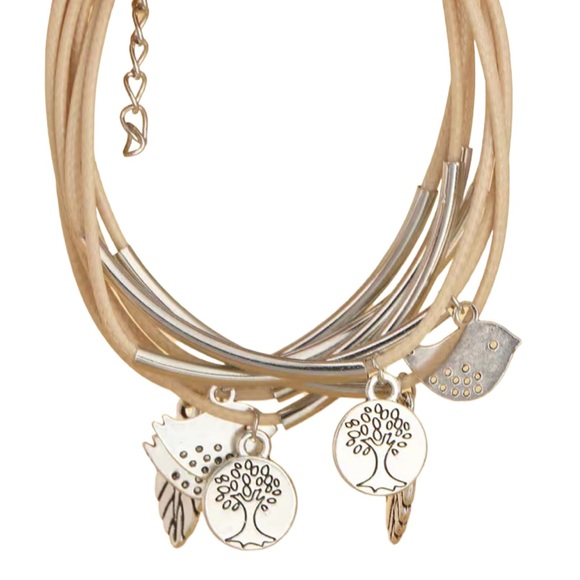 Boho Style Layered Faux Leather Bracelet with Bird and Tree Charms - Picture 6 of 8